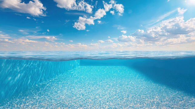 Split shot half above water half underwater in pool, bright sky above and blue water below, clean contrast, minimal composition with large space