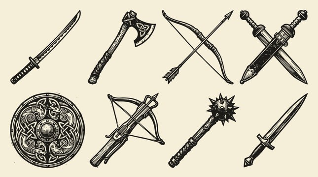 Historic Weapons Linocut Collection: Katana, Viking Axe, Longbow, and Sword Silhouettes on Cream Paper