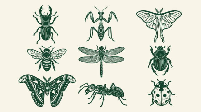 Linocut Insect Illustrations: Stag Beetle, Praying Mantis, Luna Moth, and Dragonfly Silhouette Collection