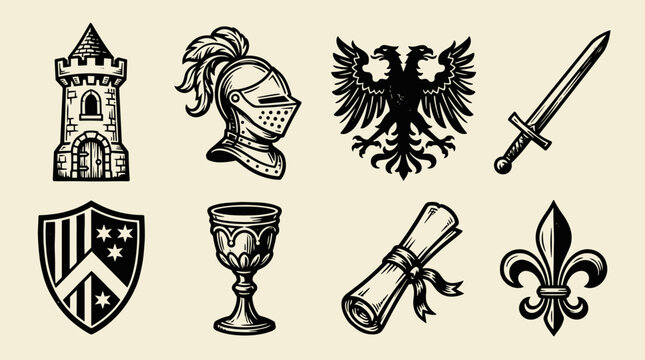 Medieval Heraldic Icon Set: Knight Helmet, Castle Tower, Sword, Shield, and Eagle Illustrations