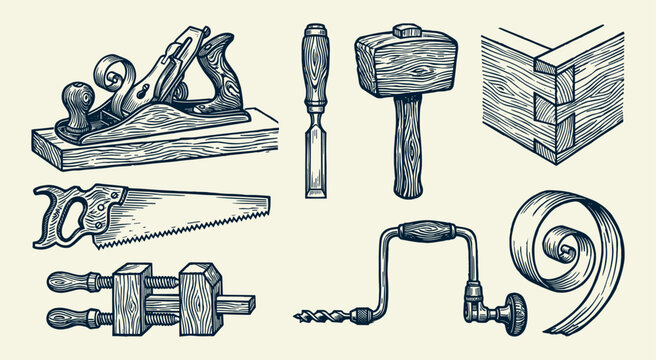 Woodworking Hand Tools Linocut Illustration: Mallet, Chisel, Plane, Saw and Dovetail Joint Set