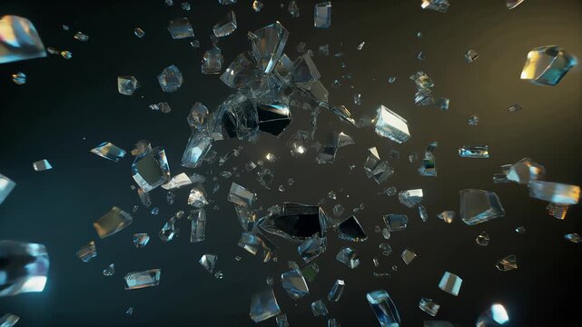 Shattered glass shards explode and scatter in an abstract dark environment, reflecting light and creating a sense of dynamic impact