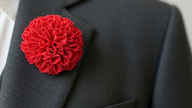 Elegant Red Fabric Chrysanthemum Boutonniere Pinned to Dark Grey Suit Jacket