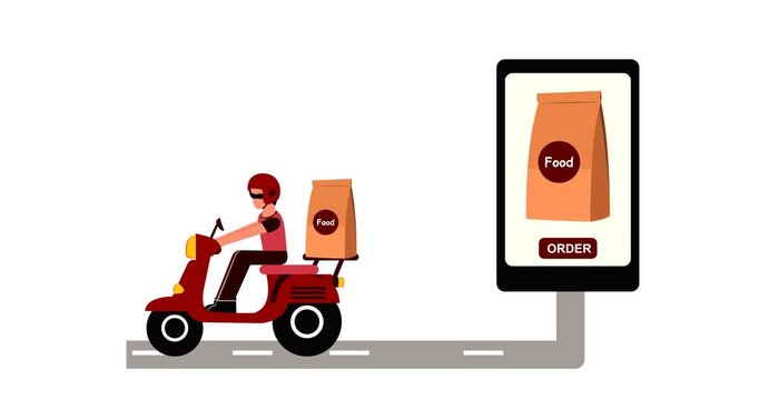 Animation footage of Online food ordering. Illustration of a smartphone, food packaging, and a courier riding a motorbike carrying a food package. Suitable for online fast food businesses.