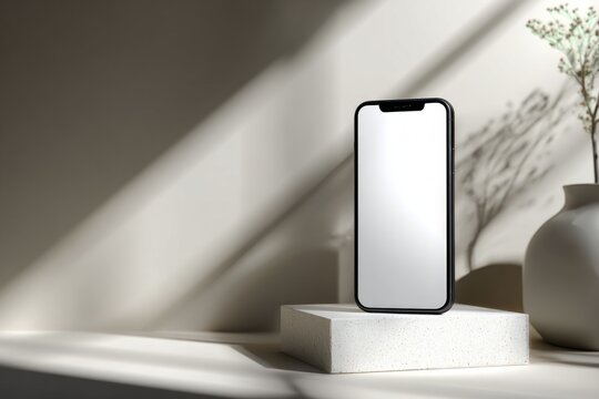 Minimalist smartphone display on white stand with shadows and vase