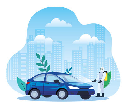 car disinfection service, prevention coronavirus covid 19, clean surfaces in car with a disinfectant spray, person with biohazard suit