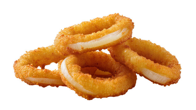 Golden crispy fried calamari rings with white onion filling, isolated on transparent background