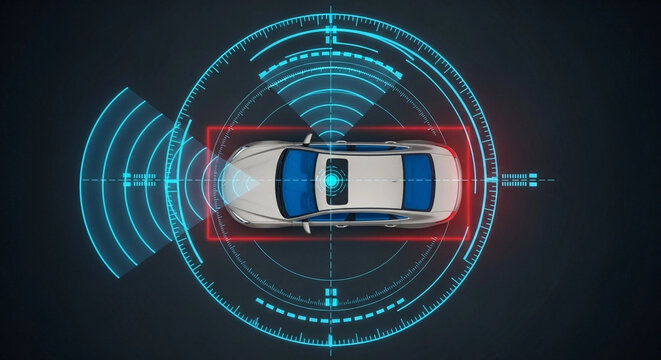 Digital perception interface of smart car with 360-degree radar scanning and obstacle detection.