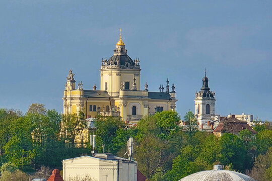 St. George's Cathedral, a baroque-rococo cathedral located in the city of Lviv, Ukraine. It was constructed between 1744-1760 on a hill overlooking the city