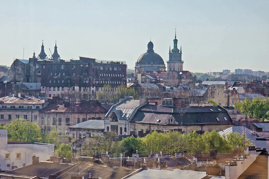 Cityscape of Lviv, Ukraine. The Dormition or Assumption Church - right