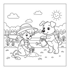 Naklejka premium Boy and Puppy Gardening Coloring Page