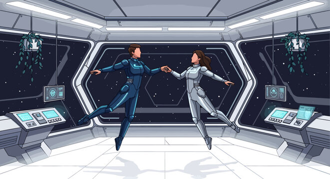 Two women in futuristic space suits dancing in a space station