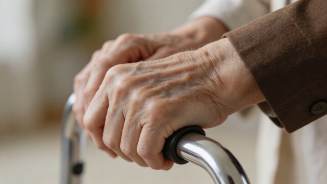 A close-up view of a senior's hands grasping a walker for stability and support, highlighting the importance of care and assistance for elderly individuals.