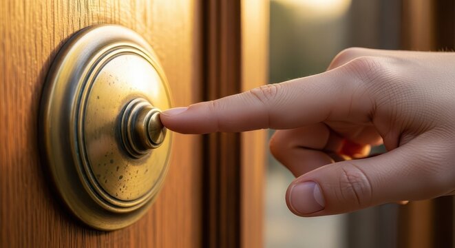 Human finger presses a brass doorbell button mounted on a wooden door.