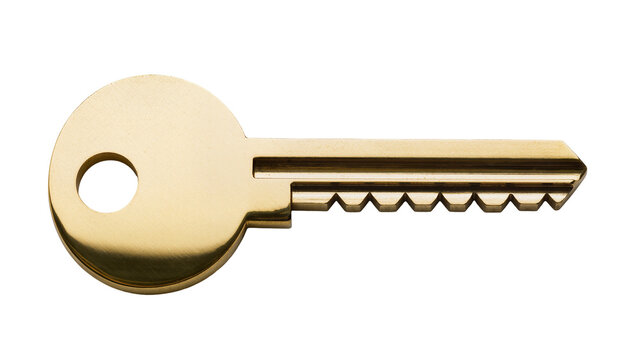 Shiny brass house key with serrated teeth, isolated on transparent background