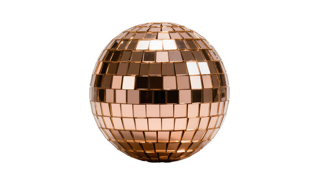 Shiny copper disco ball with mirrored squares, isolated on transparent background