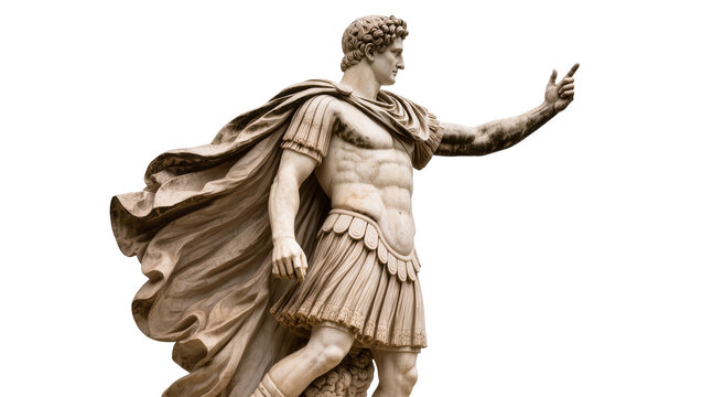 Marble Roman emperor statue with flowing cape pointing finger, isolated on transparent background