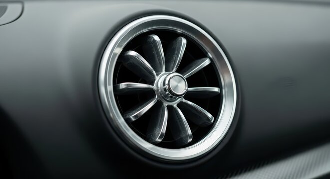 Circular air conditioning vent is integrated into the dashboard of a modern vehicle.
