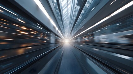 Fototapeta premium Abstract view of a high speed tunnel corridor characterized by symmetrical streaks of light and profound depth leading to a bright vanishing point
