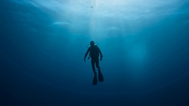 Scuba diver descending into deep blue ocean water. Man in wetsuit swimming in dark sea with oxygen bubbles rising to surface. Underwater exploration sequence, nautical adventure, extreme water sport