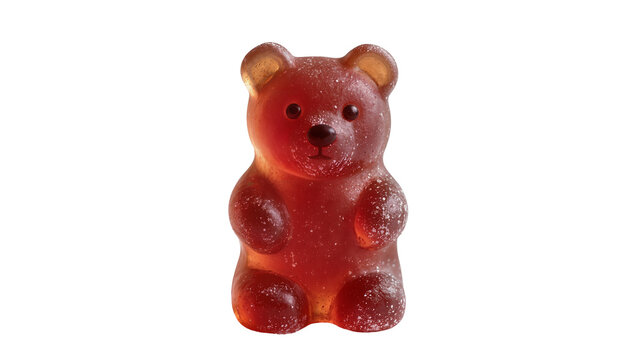 Translucent red gummy bear candy with sugar crystals, isolated on transparent background