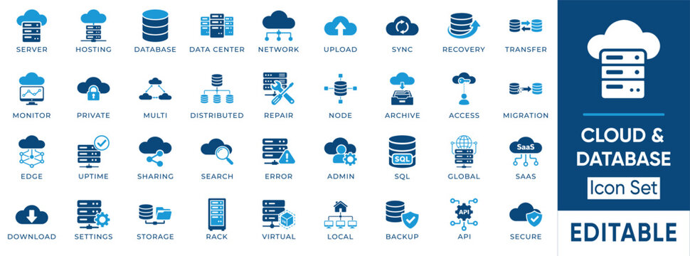 Cloud and database solid icon set. Includes symbols for Data Center, Server, Network, and Recovery. Solid vector icons for web storage, digital backup, and saas platform.