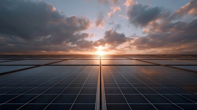 A dramatic sunrise viewed over an expansive field of photovoltaic solar panels symbolizing clean and sustainable energy