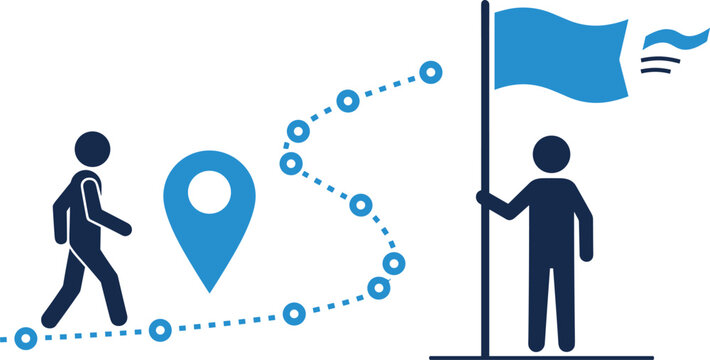 Journey and Goal Achievement Illustration Set with Person Walking, Location Marker, and Flag for Pathfinding and Success Concept
