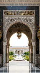 Obraz premium Beautiful arched doorway with garden fountain view