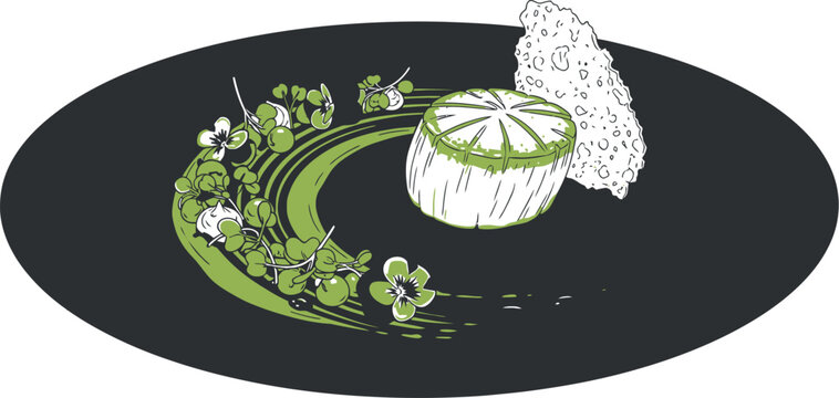 Delicious pan seared scallop served on a black plate with vibrant green pea puree fresh edible flowers and a crispy tuile cracker representing a modern gourmet fine dining culinary dish creation.