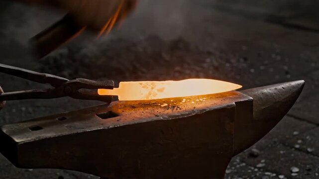 Blacksmith reshaping hot glowing steel blade on anvil. Artisan using hammer to forge metal weapon in workshop. Traditional craft, metalwork production process, industry manual labor and creative