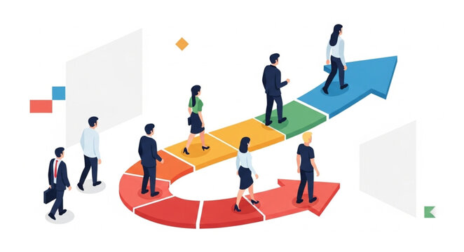 Business people follow arrow path showing progress and teamwork.