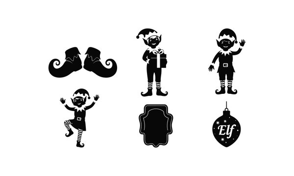 Christmas elf vector silhouette illustration set featuring various poses and accessories.