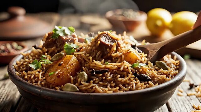 Delicious Chicken Biryani Served in a Rustic Bowl on Wooden Table.