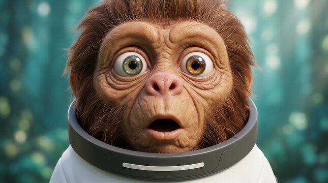 A wide-eyed, expressive primate character in a white space suit looks surprised. The detailed 3D render features realistic fur and wrinkled skin against a soft, green-toned bokeh background.