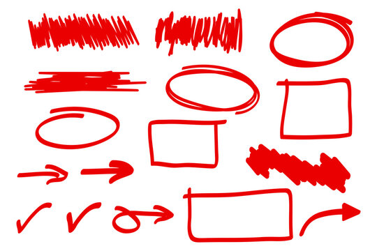 Red pencil hand drawn various oval, chalked arrows, check marks.