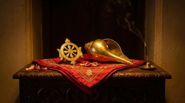 Golden Dharmachakra and Shankha with burning incense on red cloth