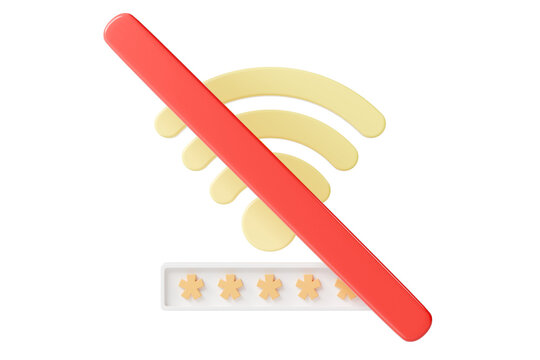 3d no wifi password icon. wrong password concept. minimal cartoon wireless signal slash asterisk field for ui web app tech design. isolated on white transparent background. 3d render.