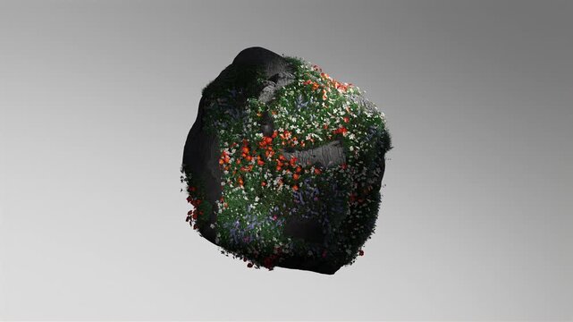 Floating rock partially covered with lush grass and blooming wildflowers, isolated on a clean background. Detailed 3D render showing contrast between rough stone surface and soft organic growth. Conce