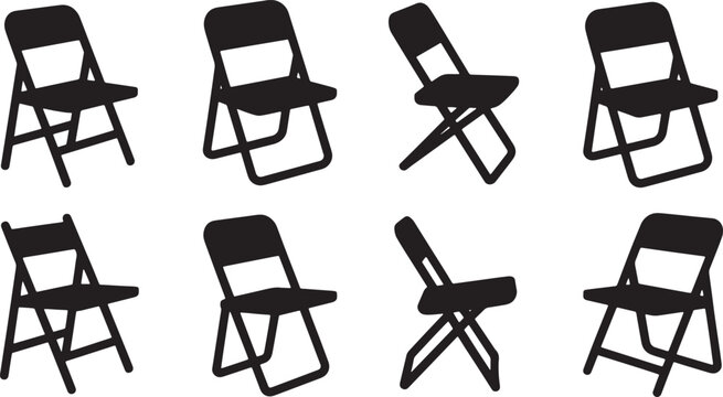 Collection of black folding chairs in different angles and positions for event seating and outdoor furniture Vector Illustration