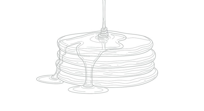 Delicious stack of freshly cooked fluffy pancakes being covered in a generous pour of golden maple syrup in a clean line art illustration perfect for a fun and simple coloring book page