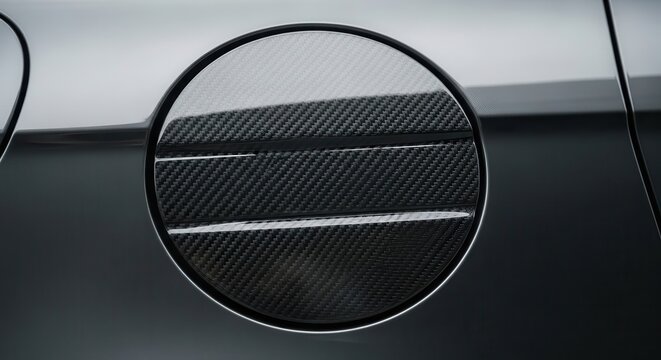 Close up view displays a circular fuel filler cap with a carbon fiber texture on a modern vehicle.