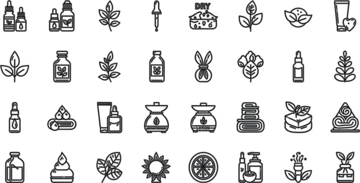 Minimalist clinical skincare icon and spa beauty vector set with clean monoline dropper bottle designs