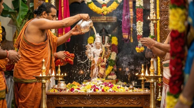 Hindu Priest Performing Abhishekam Ritual on Deity Statue in Temple