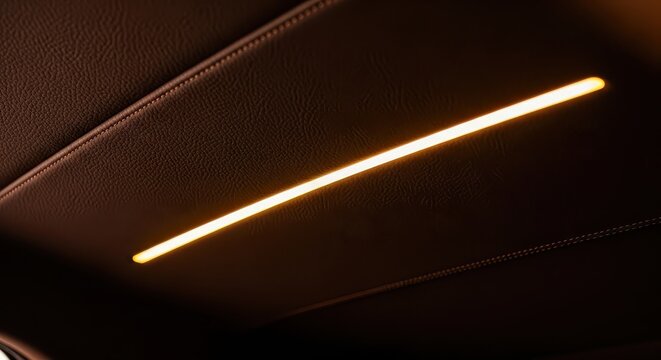 Warm ambient light illuminates the textured leather ceiling of a modern vehicle interior.