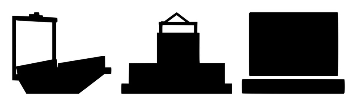Loading dock icon set with solid black symbol on white background featuring truck silhouette, cargo icon, logistics emblem with maritime and shipping visualization