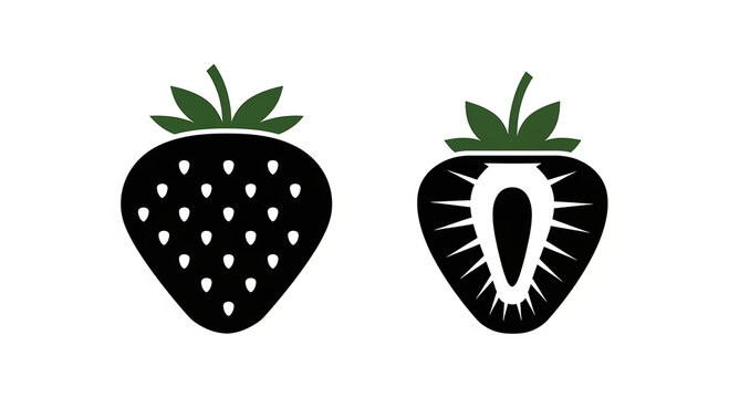 Stylized black and white of a whole strawberry and a sliced stra