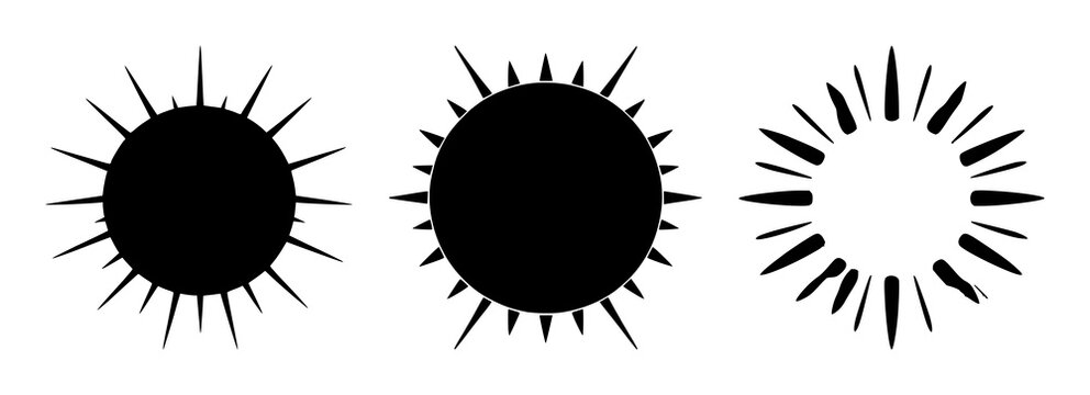 Brightness sun icon set with solid black graphic on white background featuring sun symbol, mood light, iconography with daytime and illumination