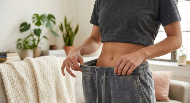 Young woman pulling her loose waistband to show weight loss result against cozy living room background. Healthy lifestyle concept.