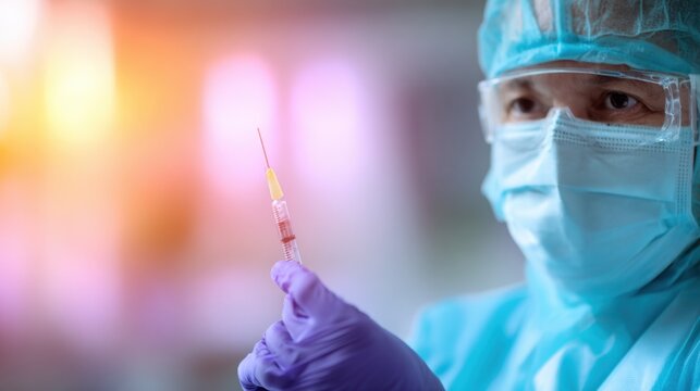 A healthcare worker in protective gear holds a syringe with a colored liquid, focused on the task
